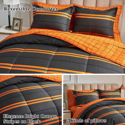 Flysheep Boho Striped Halloween Bed in a Bag 7 Pieces King Size, Ombre Bright Orange Stripes on Black Comforter Sheet Set (1 Comforter, 1 Flat Sheet, 1 Fitted Sheet, 2 Pillow Shams, 2 Pillowcases)