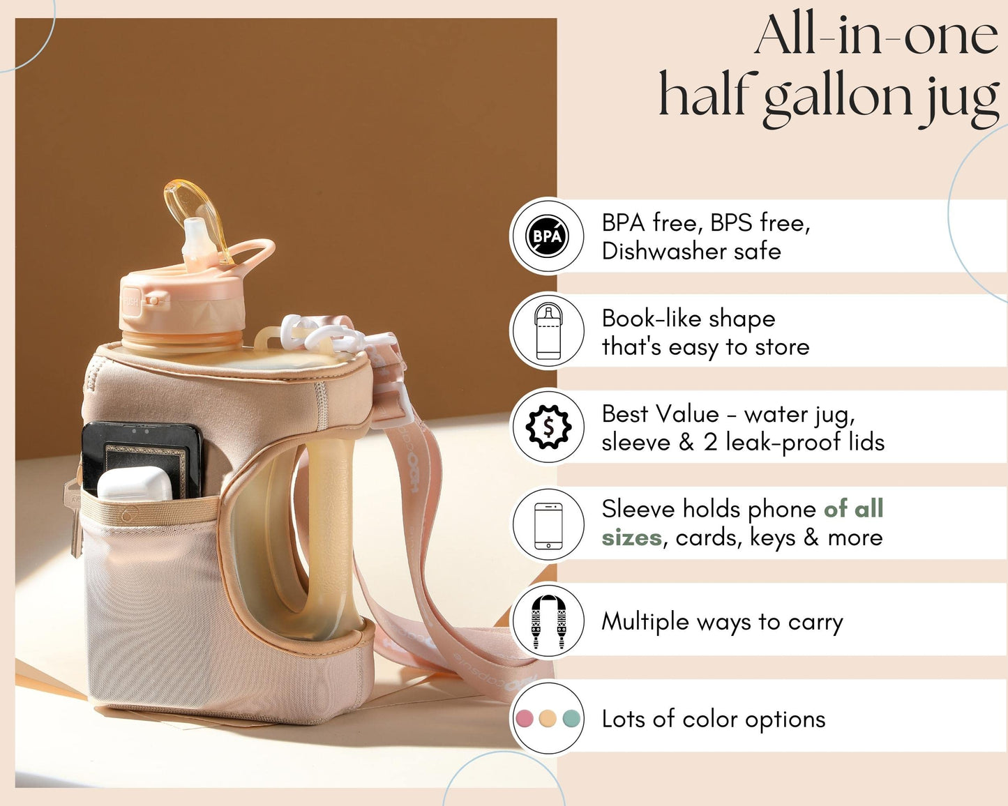 H2O Capsule Half Gallon Cube Square Water Bottle - 2.2L Water Bottle with Strap, Storage Sleeve, Covered Straw and Chug Lid – BPA Free Reusable Sports Water Jug with Handle, (68 Ounce), (Neutral)