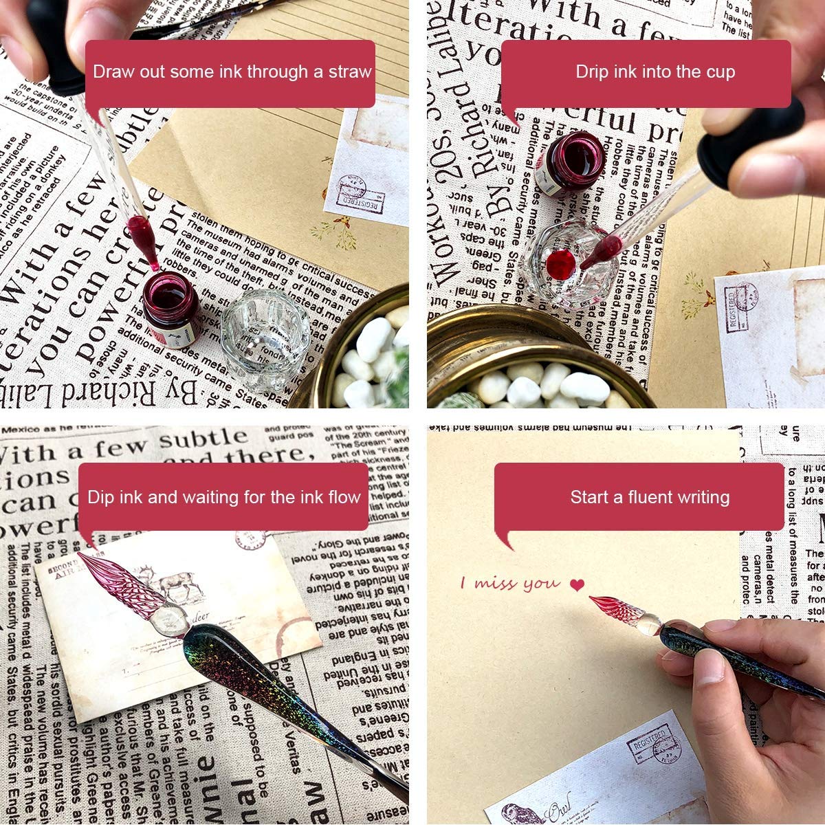 ESSSHOP Handmade Glass Dip Pen and Ink Set - 15ml Color Inks Pen Holder Cleaning Cup Ink Drip Tool Crystal Signature Ink Dipped Pen Kit for Art Writing Calligraphy Christmas Day Gifts