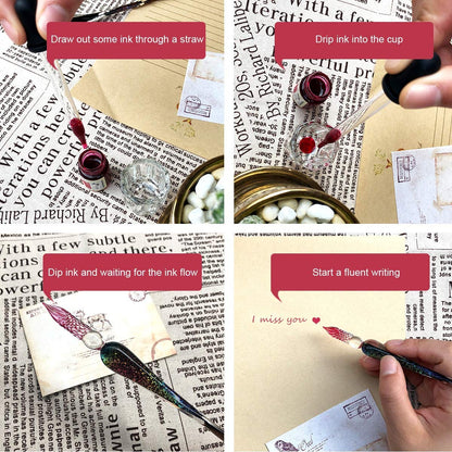 ESSSHOP Handmade Glass Dip Pen and Ink Set - 15ml Color Inks Pen Holder Cleaning Cup Ink Drip Tool Crystal Signature Ink Dipped Pen Kit for Art Writing Calligraphy Christmas Day Gifts