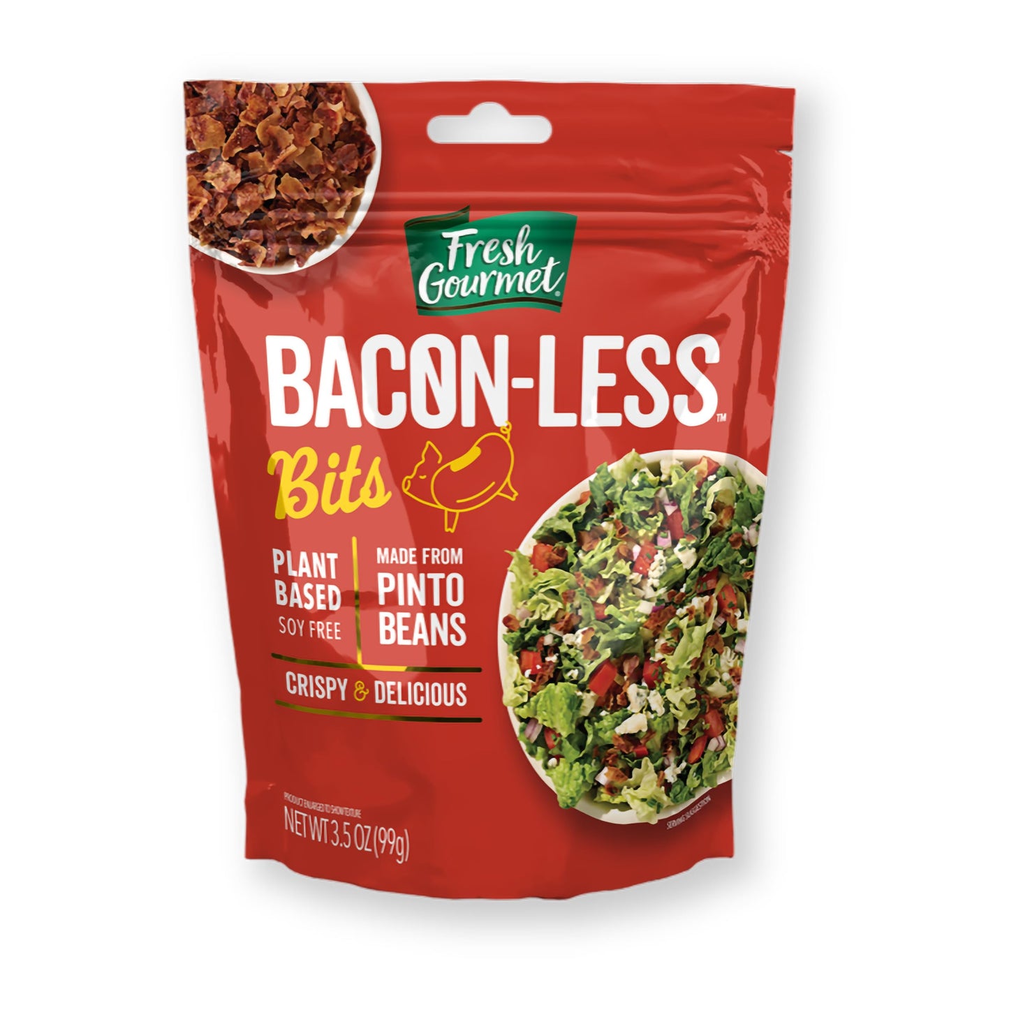 Fresh Gourmet Vegan Bacon-Less Bits - 3.5 oz Plant-Based Topping for Salads, Potatoes, Soups, and More | Soy-Free, Kosher, and Smoky Flavor | Resealable Pouch
