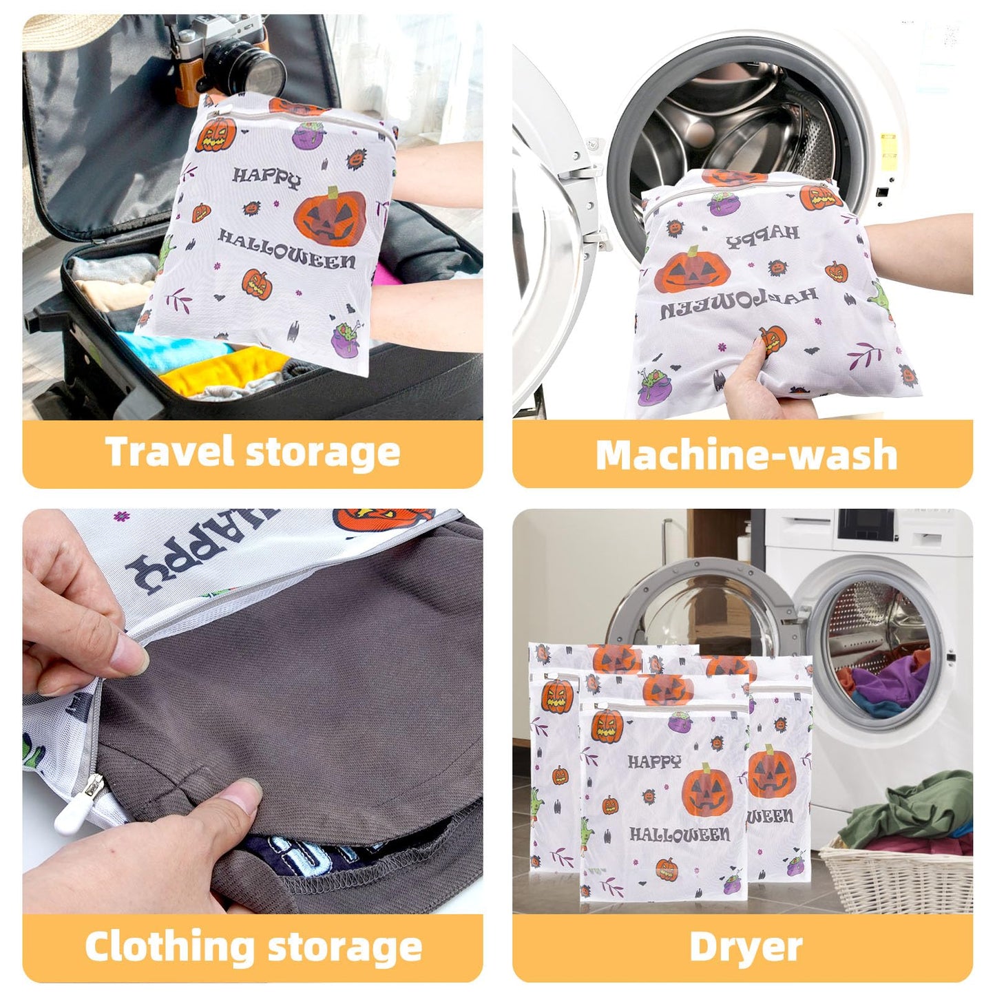 3Pcs Halloween Durable Mesh Laundry Bag, Durable Laundry Bags with Premium Zipper for Indoor Home Decor (Halloween 02)