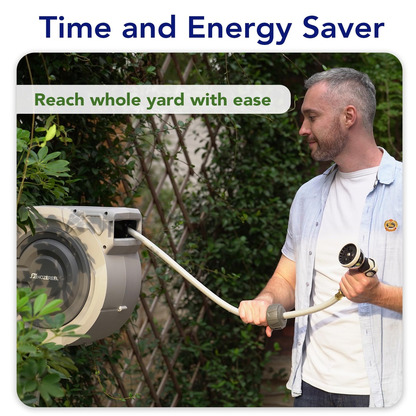 110 FT Retractable Garden Hose Reel by HOZEREEL, Outdoor Garden Hose Reels 1/2" - Automatic Self Retract Wall Mount Hose Reel Enclosed Storage, Any Length Lock, 10 Pattern Nozzle-Grey