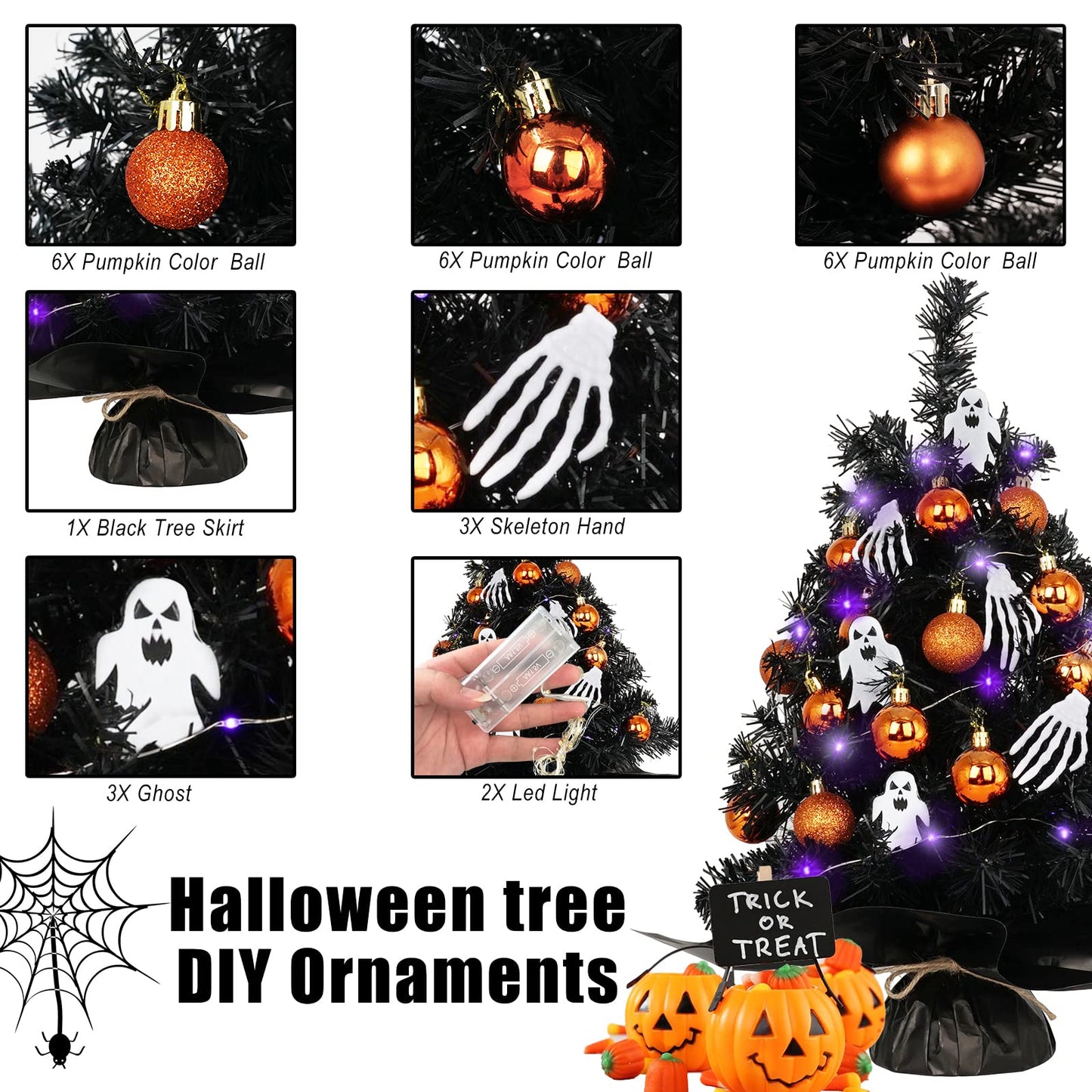 20" Mini Halloween Tree Black Tree Artificial Mini Halloween Tree with Purple LED Lights, Orange Balls Ornaments, Skeleton Hand and Ghost Decorations for Halloween Tabletop Decoration