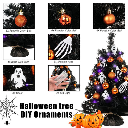 20" Mini Halloween Tree Black Tree Artificial Mini Halloween Tree with Purple LED Lights, Orange Balls Ornaments, Skeleton Hand and Ghost Decorations for Halloween Tabletop Decoration