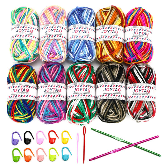 JOYTAG 10 Acrylic Yarn Skeins,Multicolor Crochet Craft for Crocheting and Knitting,with Hooks Knitting Needles Stitch Markers,Crochet Starter Kit Beginners(650 Yard/250g)