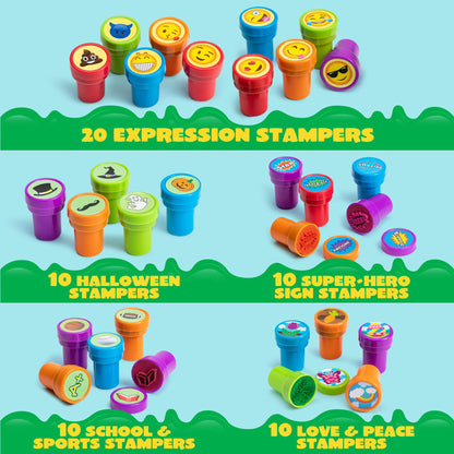 JOYIN 100PCS Assorted Stamps for Kids Self-Ink for Party Favor, Teacher Stamps, Kids Treasure Box, Prize for Classroom, Easter Egg Stuffers (50 Designs, Dinosaur, Halloween Stampers)