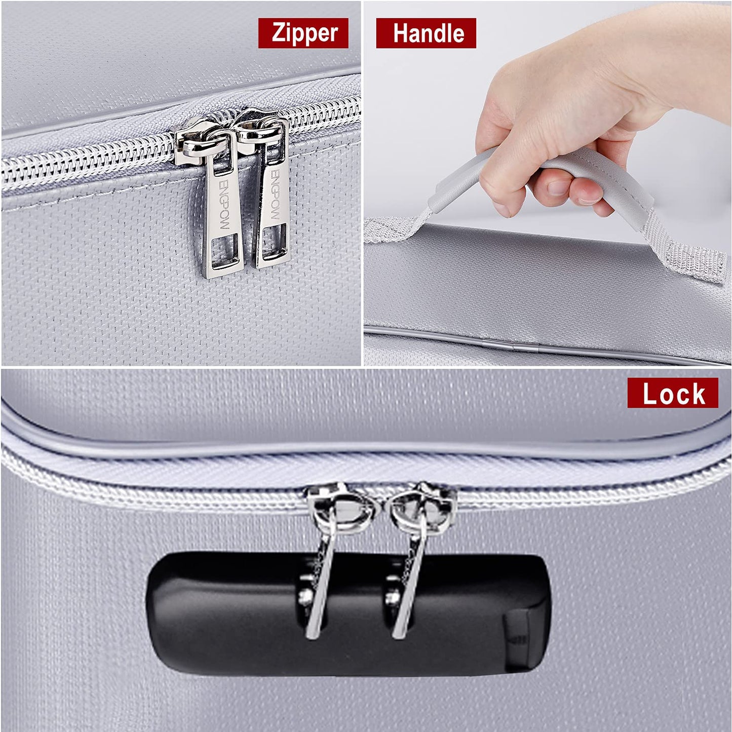 ENGPOW Small Fireproof Storage Organizer Case with Lock(9”x 5.3”x 3.7”), Soft Money Safe Coin Organizer Wallet Bag for Cash,Card,Passport,Check,Bill,Travel Home Organizer Carrying Case,Silver