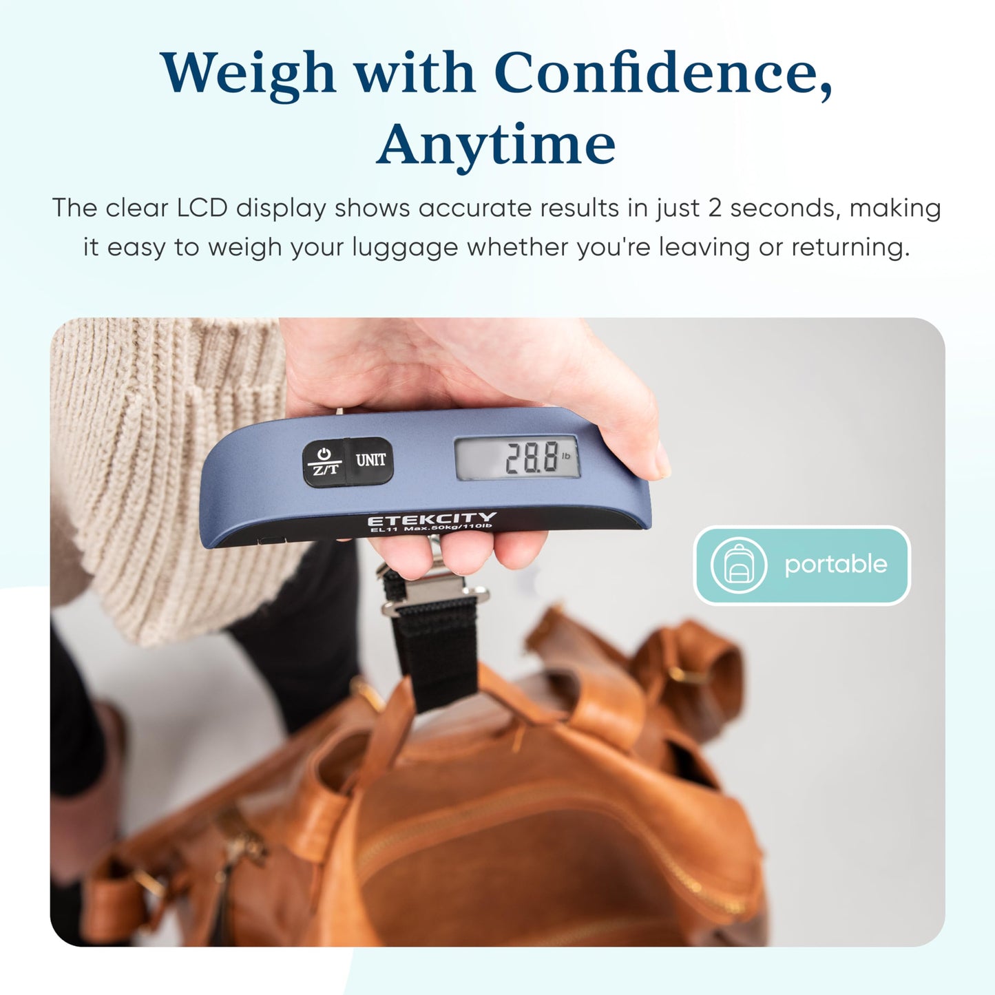 Etekcity Luggage Scale, Travel Essentials, Digital Suitcase Weight Scales for Travel Accessories, Hanging Baggage Scale with Temperature Sensor, Rubber Paint, 110 Pounds, Battery Included, Blue