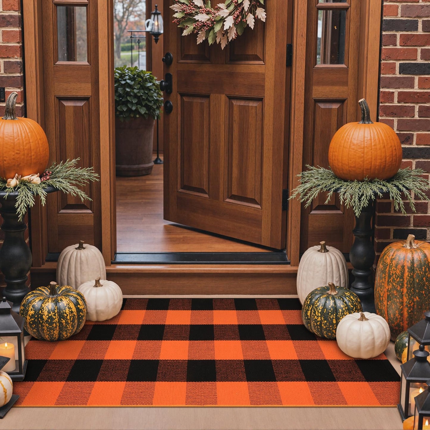 KIMODE Fall Outdoor Rug Buffalo Plaid Orange and Black 24"x51",Washable Cotton Fall Halloween Door Mat,Reversible Checkered Layering Rugs for Entryway,Halloween Front Porch Decor