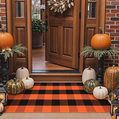 KIMODE Fall Outdoor Rug Buffalo Plaid Orange and Black 24"x51",Washable Cotton Fall Halloween Door Mat,Reversible Checkered Layering Rugs for Entryway,Halloween Front Porch Decor