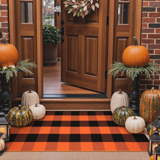 KIMODE Fall Outdoor Rug Buffalo Plaid Orange and Black 24"x51",Washable Cotton Fall Halloween Door Mat,Reversible Checkered Layering Rugs for Entryway,Halloween Front Porch Decor