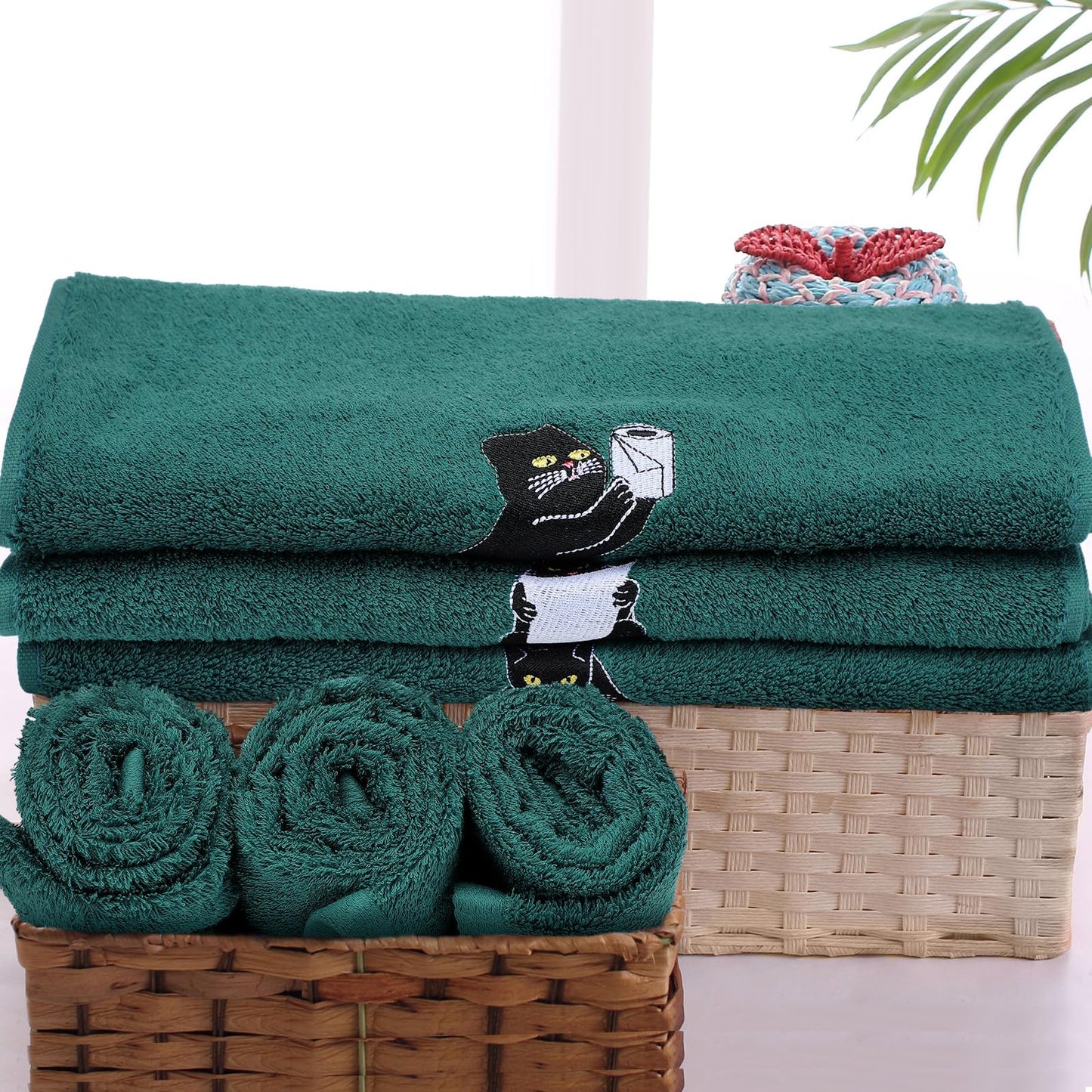 FuWeave 3 Pcs Cat Hand Towels for Bathroom Decor Funny Embroidered Black Cat Halloween Decorative Dark Green Bath Dish Towels for Bathroom Kitchen Decor, 100% Cotton, 13.3 x 29.5''