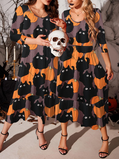 LARACE Halloween 3/4 Sleeve Dresses for Women Plus Size Casual Long Maxi Fall Winter Dress with Pockets(Halloween Pumpkin Cat 2X)