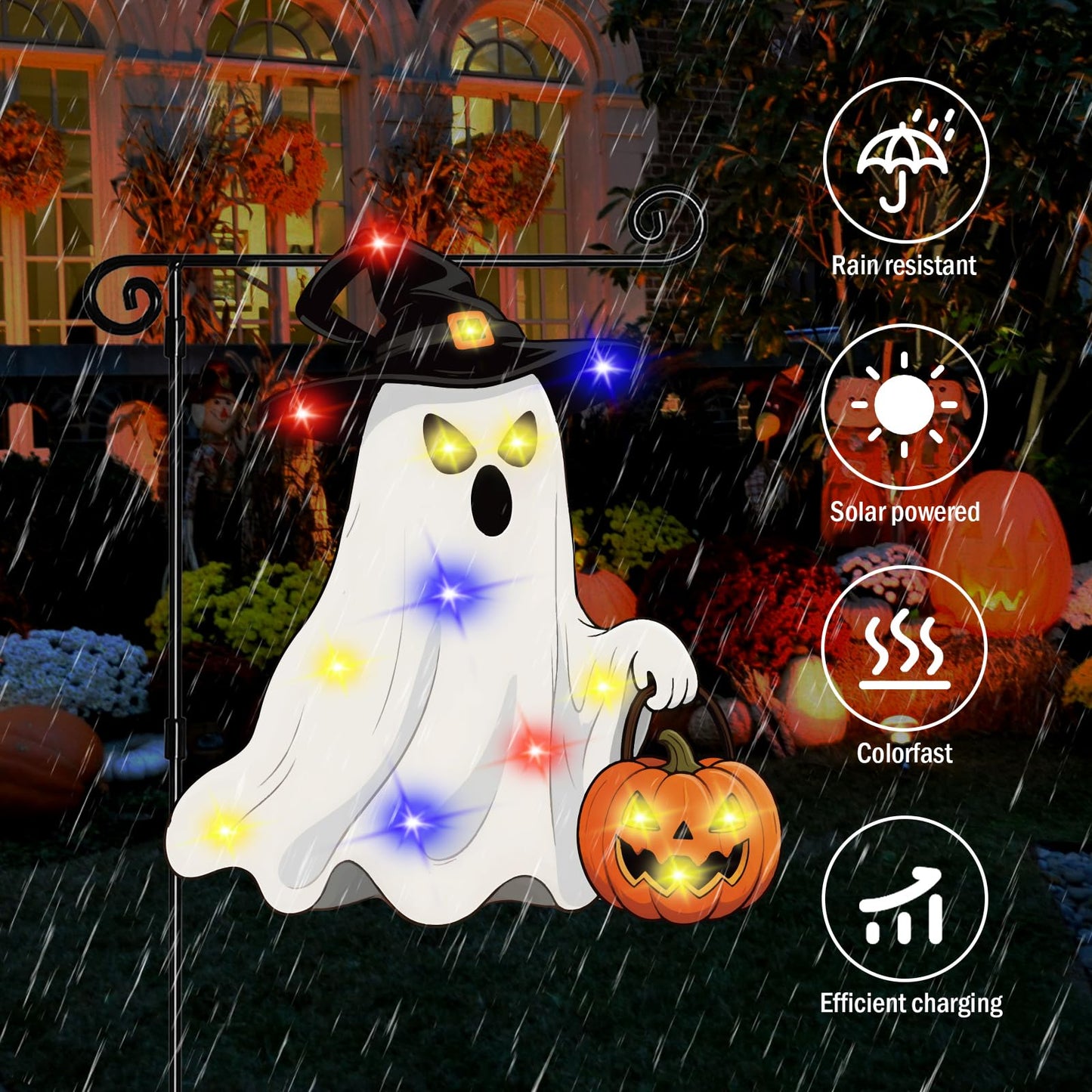 GOAUS Halloween LED Garden Flag Light Up Solar Powered, Ghost Decorations Outdoor, Double Sided Oxford Decorative Flag for Lawn Yard Outside Decor, 12x18 Inches