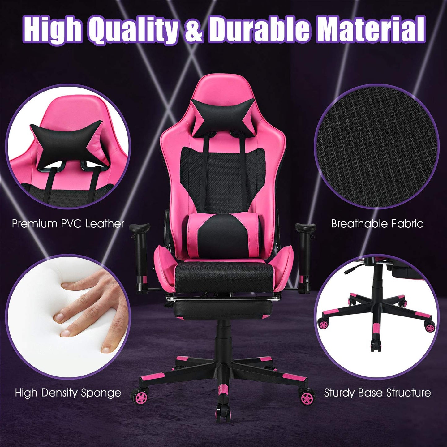 Giantex Massage Gaming Chair Pink, Ergonomic Video Game Chair with Footrest, High Back E-Sport Computer Chair with Headrest & Massager Lumbar Support, PU Leather Gaming Seat