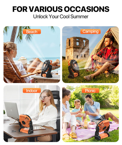 Doviluxe Camping Fan Battery Powered -12000mAh Portable Rechargeable Fans Light, Battery Operated Fan for Camping Hook 4 Speed Quiet Cordless USB Personal Cooling for Desk Home Beach Tent BBQ