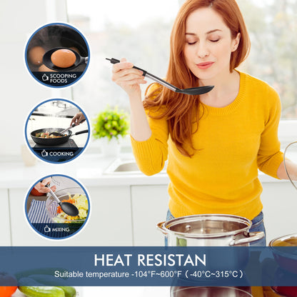 HOTEC 446°F Heat Resistant Large Silicone Cooking Spoon, BPA Free Solid Slotted Spoons, Nonstick Kitchen Cookware Utensils, Mixing, Serving, Stiring Large Spoons, Black