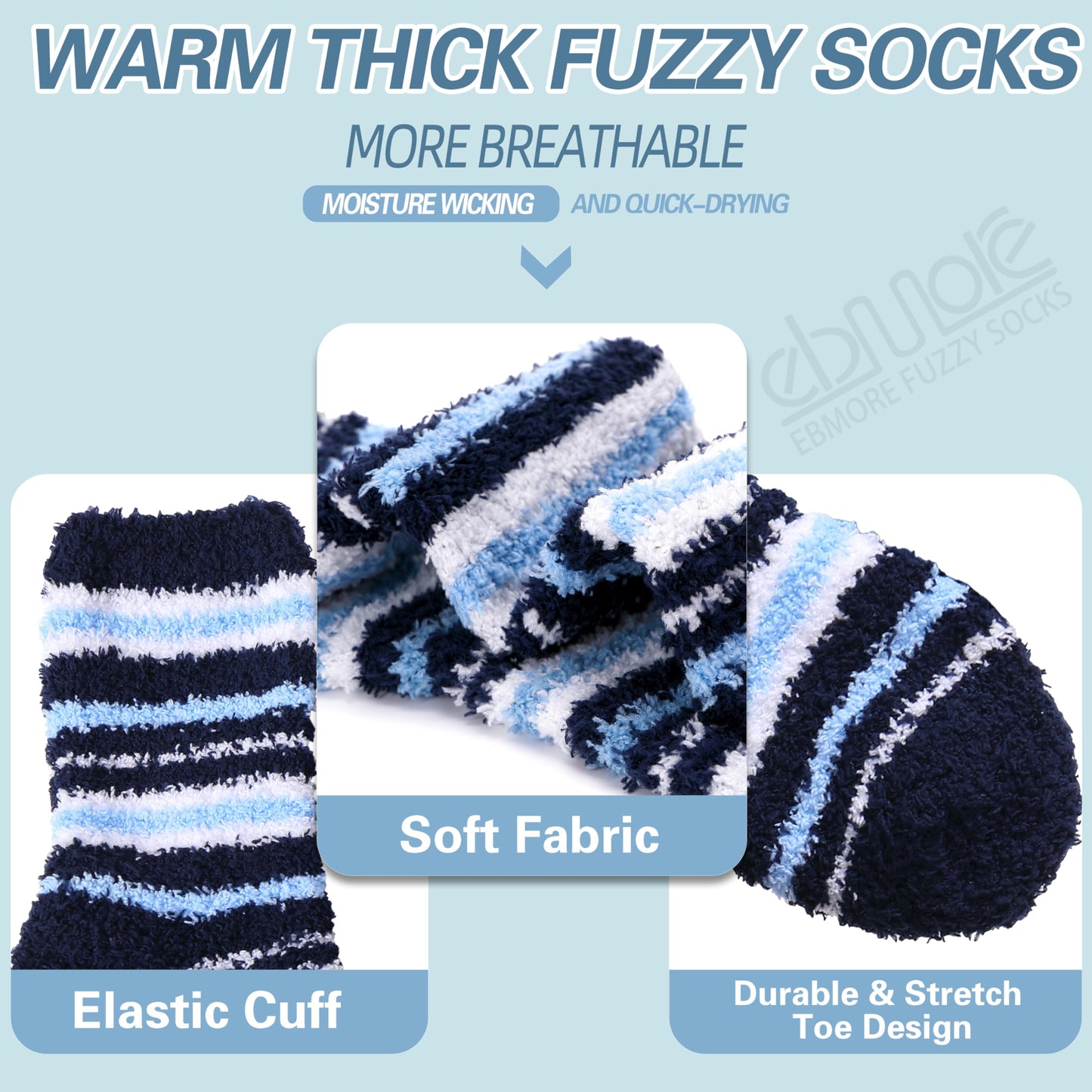 EBMORE Fuzzy Socks - Men & Women's Fluffy Warm Winter Thick Cozy Slipper Cabin Soft Stocking Stuffers Socks (Dark Stripes)