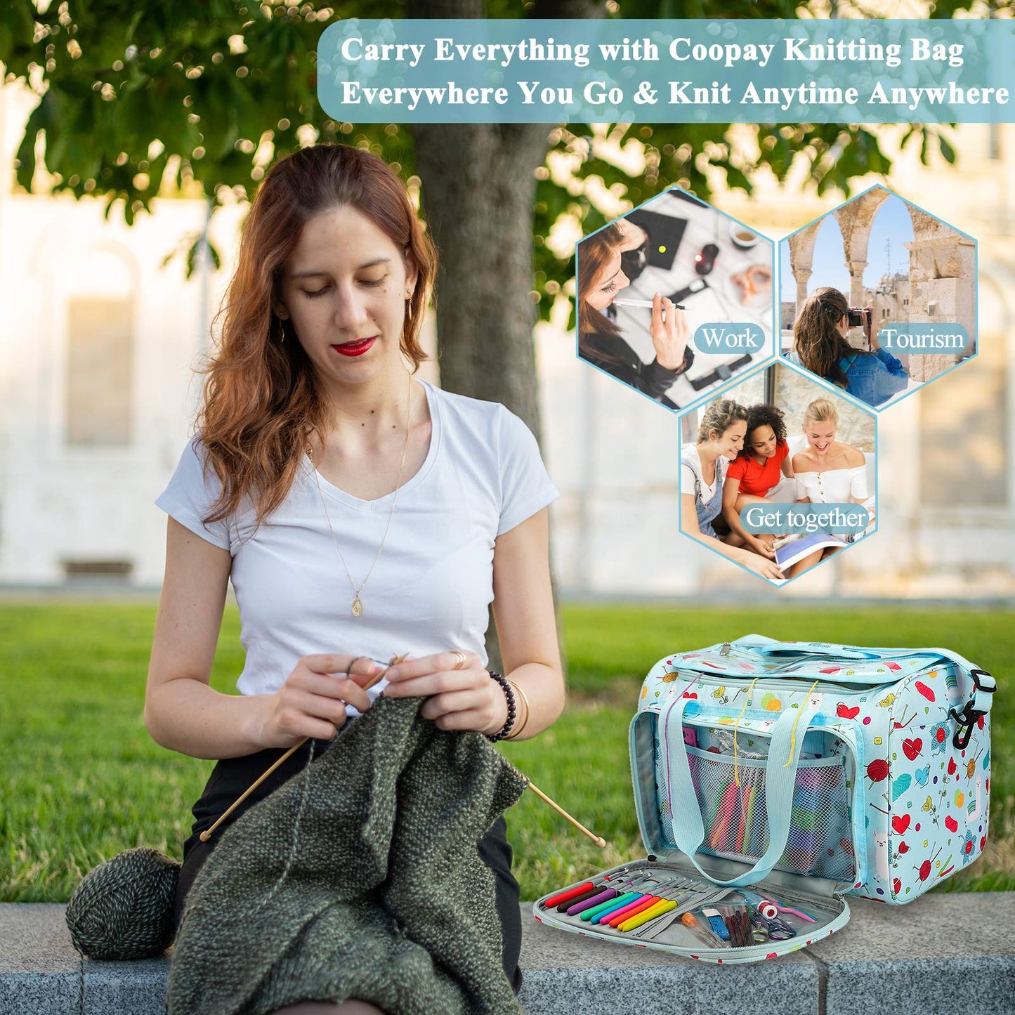 Coopay Yarn Storage Knitting Bag, Large Capacity Yarn Bag for Yarn and Knitting & Crochet Supplies, Detachable Shoulder Strap Portable Knitting Tote Bag Crochet Bag, Best Gifts for Crochet Lovers