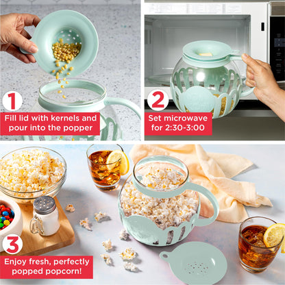Ecolution Patented Micro-Pop Microwave Popcorn Popper with Temperature Safe Glass, 3-in-1 Lid Measures Kernels and Melts Butter, Made Without BPA, Dishwasher Safe, 3-Quart, Aqua