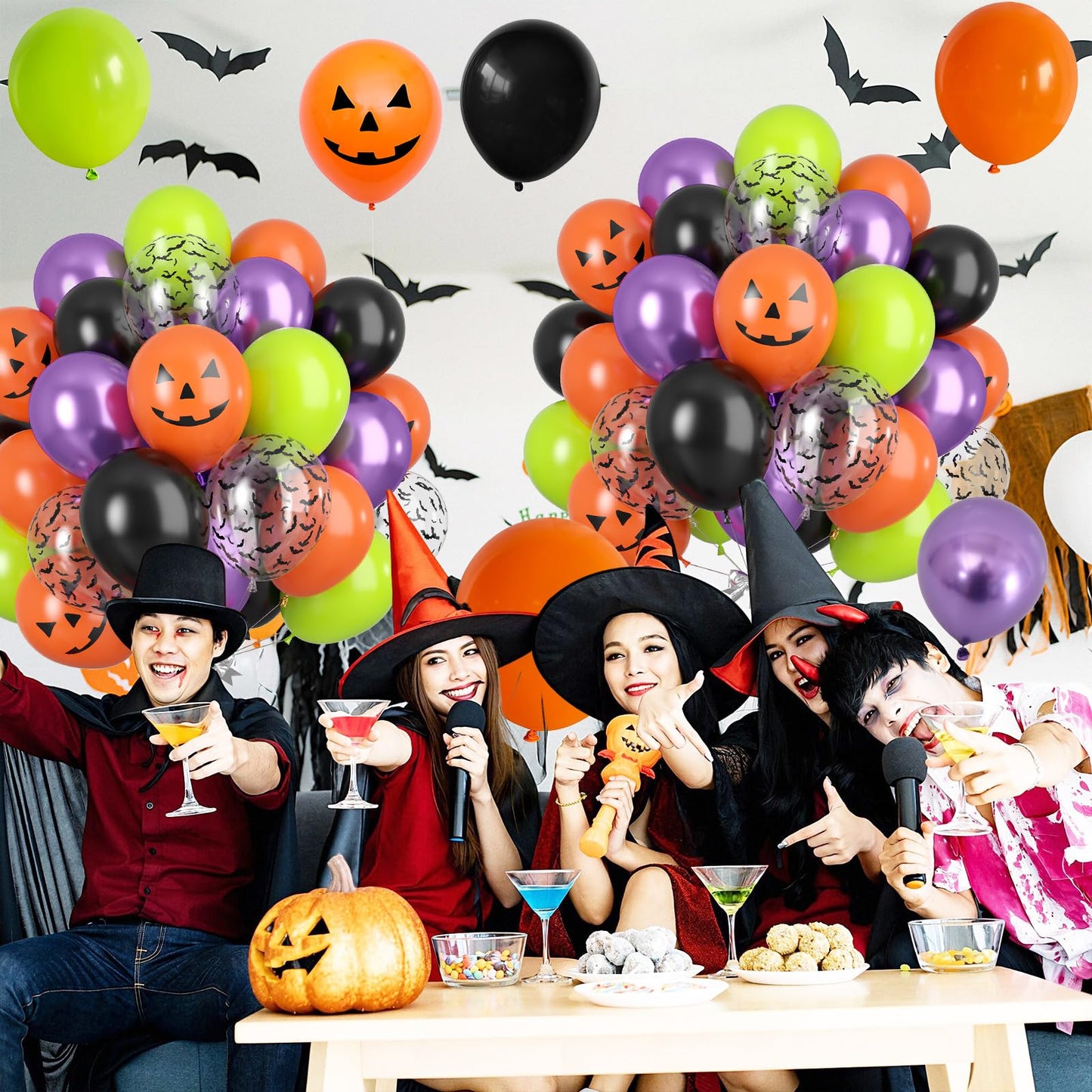 Halloween Party Balloons, Black Orange Green Purple Party Balloons, Metallic Purple Balloon Bat Pumpkin Head Printed Balloon for Halloween Birthday Baby Shower Home Garden Party Decoration