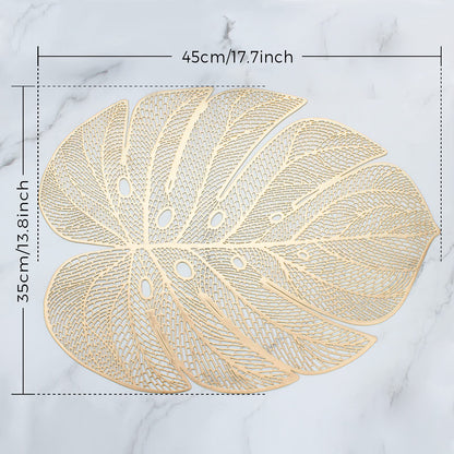 Evevda Gold Leaf Shaped Vinyl Placemats for Dinner Table Set of 4 Metallic Plastic Gold Place Mats Wipeable 6Pcs Table Mats for Wedding Annersary Dinner Table Decoration Mats