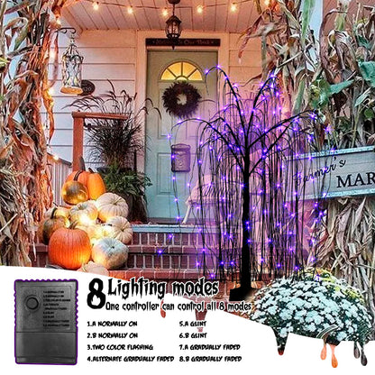EAMBRITE Halloween Tree 4 FT 180 LED Black Willow Tree with Orange Purple Fairy Lights and Spider Web, Lighted Spooky Artificial Tree for Indoor Outdoor House Home Halloween Decorations