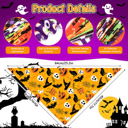 30 Pcs Halloween Dog Bandanas Bulk Adjustable Dog Scarves Bibs Pumpkin Bat Ghost Puppy Bandanas Pet Neckerchief Washable Holiday Halloween Bandanas for Small Medium Large Dog Pet Grooming Accessories