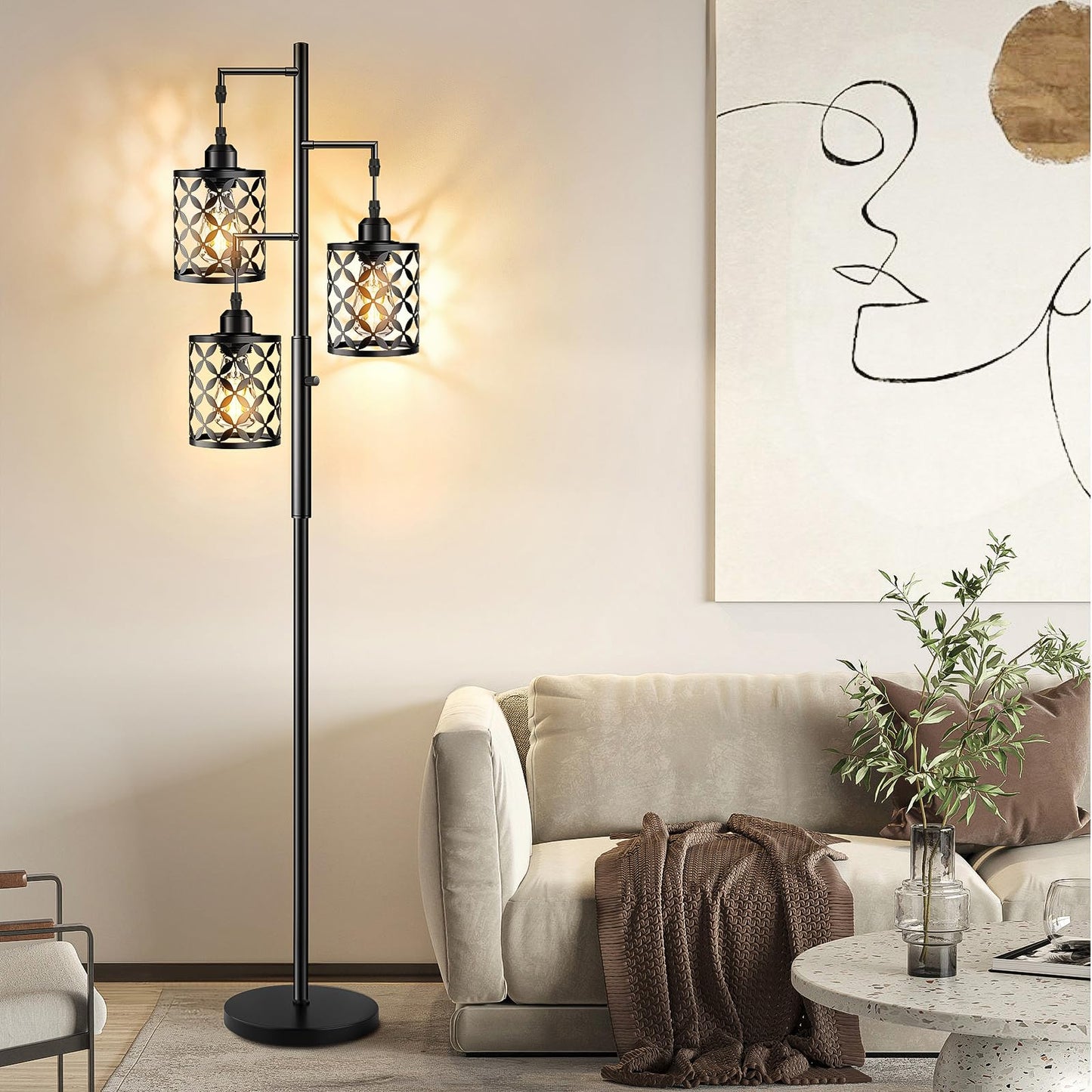 GHOOCEMLUX 68" Dimmable Floor Lamp, Farmhouse Standing Lamp with Elegant Metal Cage, Industrial Tall Tree Floor Lamps for Living Room, Bedroom, Study Room, Office (2000LM LED Bulbs Included) - Black