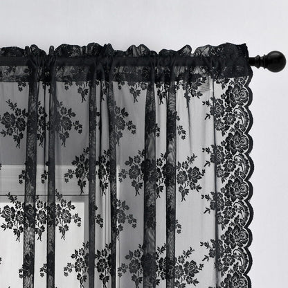 Kotile Black Lace Curtains 63 Inch Length 2 Panels, Country Rustic Floral Gothic Sheer Curtains for Halloween, Rod Pocket Vintage Privacy Sheer Lace Curtains, 42 x 63 Inch Each, 1 Pair, Black