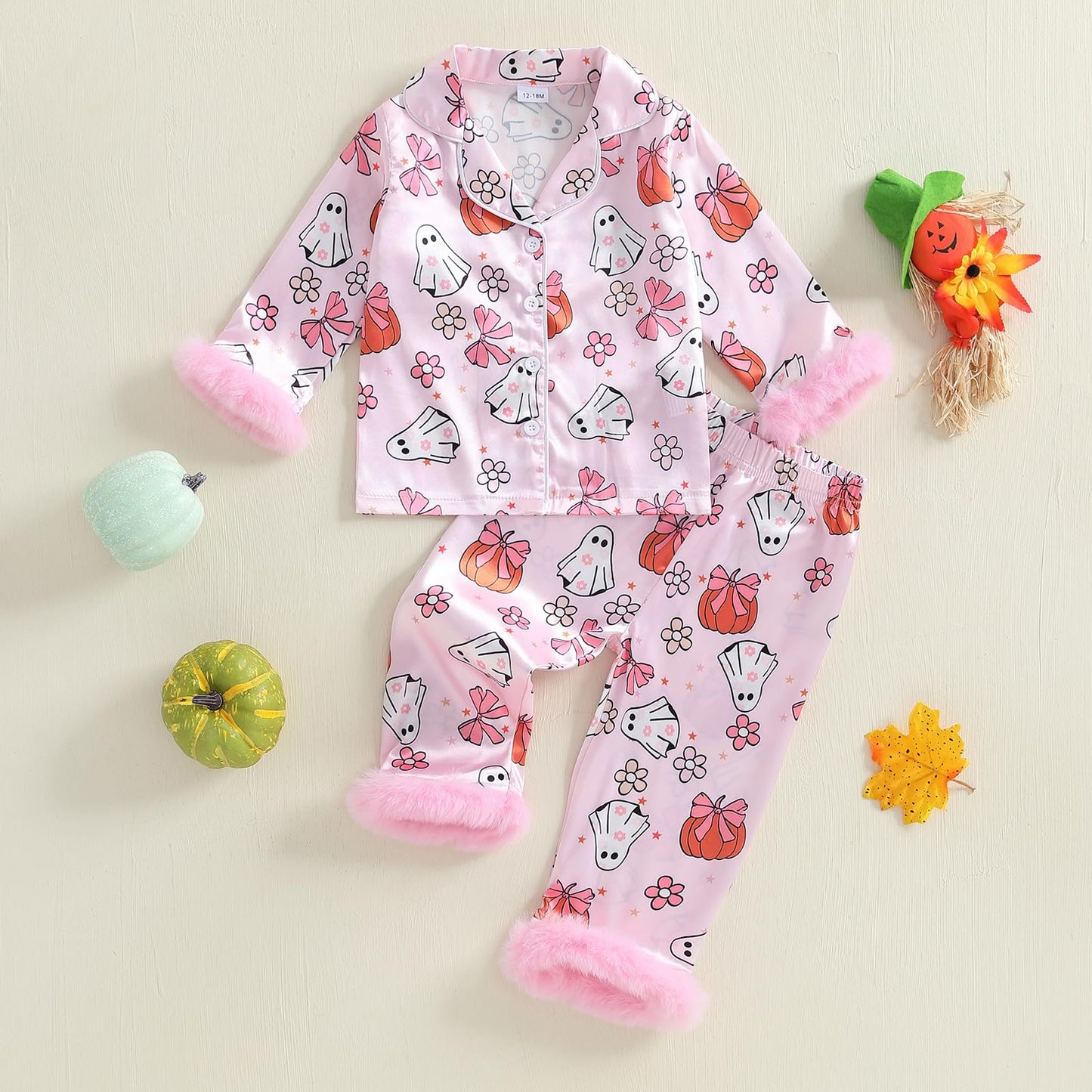 Kuriozud Kids Toddler Girl Halloween Pajamas Fuzzy Trim Long Sleeve Button Down Shirt Top and Pants 2pcs Pjs Sets Sleepwear (Floral Ghost Bow Pink, 4-5 Years)