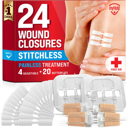 Emergency Wound Closure Strips - 24pk - 3 Types Easy to Use Butterfly Bandages - Stitchless & Painless Laceration Closure Kit