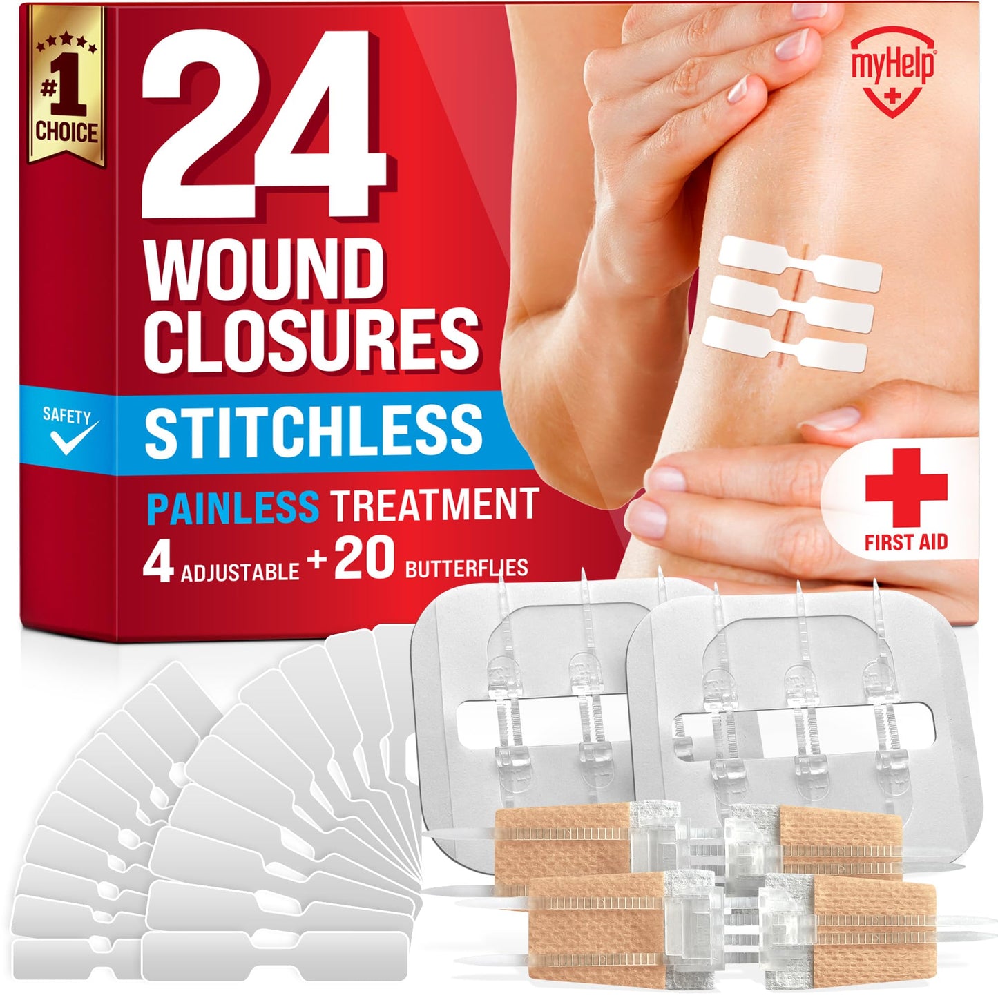 Emergency Wound Closure Strips - 24pk - 3 Types Easy to Use Butterfly Bandages - Stitchless & Painless Laceration Closure Kit