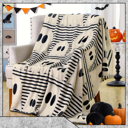 FuWeave Halloween Throw Blanket Cute Rustic Ghost Flannel Blanket Farmhouse Spooky Blanket Soft Black White Striped Blanket Retro Halloween Decoration for Sofa Bed Holiday Party Gifts,50 x60