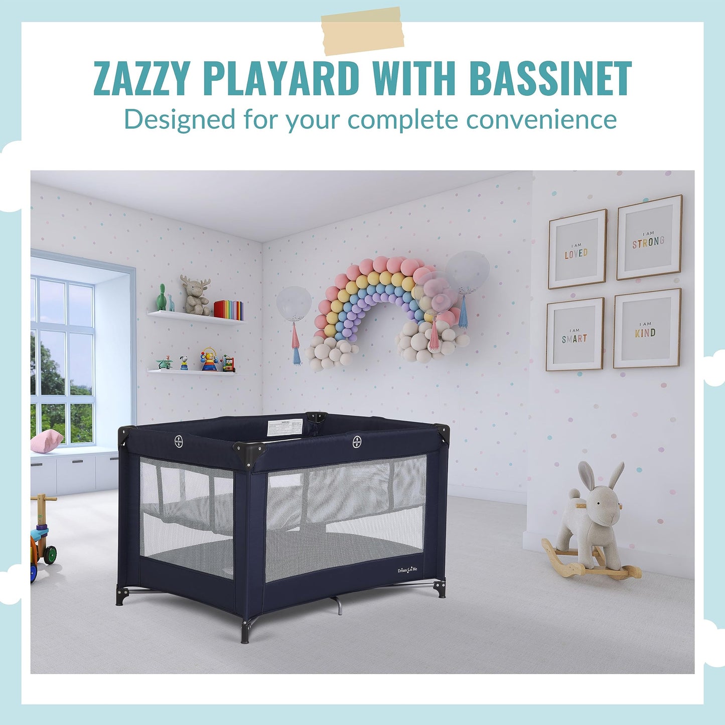 Dream On Me Zazzy Portable Playard with Bassinet in Navy, Packable and Easy Setup Baby Playard, Lightweight and Portable Playard for Baby with Mattress and Travel Bag