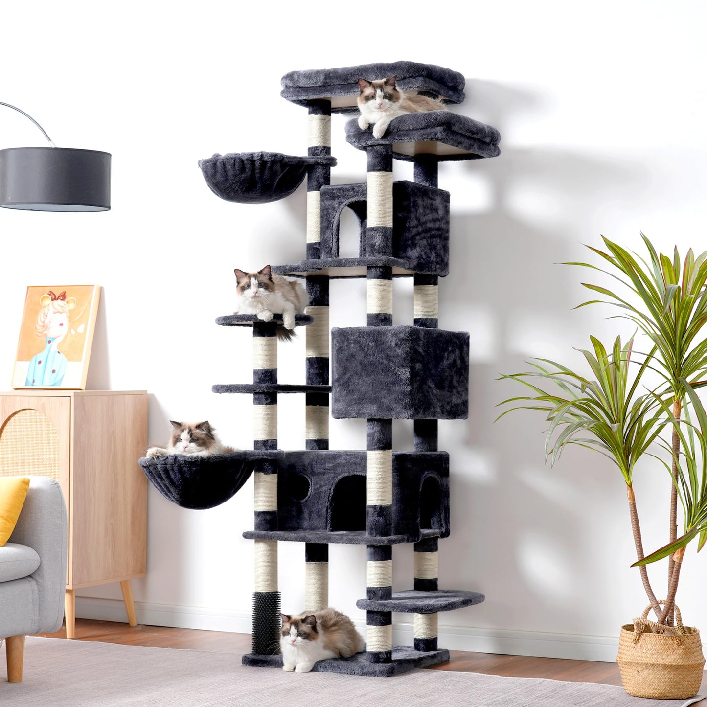 Hey-brother Cat Tree, 74 inches Multi-Level XL Large Cat Tower for Indoor Cats with Three Cat Condos, Two Large Top Decks and Cat Hairbrushfor Kittens, Cats and Pets, Smoky Gray MPJ035-MG