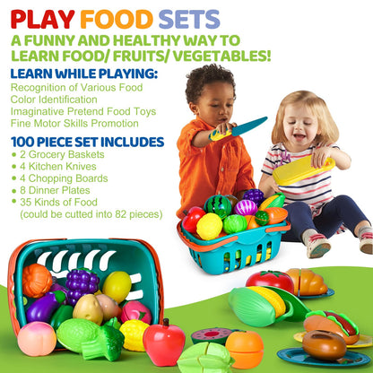 100 PCS Cutting Play Food Toy for Kids Kitchen, Pretend Food Toys for Toddlers, Play Kitchen Toys Accessories with 2 Baskets, Fake Food/Fruit/Vegetable, Birthday Gifts for 3 4 5 Years Old Boys Girls