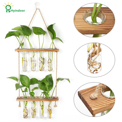 HYINDOOR Wall Hanging Planter Terrarium 2 Tired Test Tube Vase Glass Planter Plant Propagation Station Plant Hangers of Rope with Wooden Stand and 8 Tubes for Hydroponic Plant Cutting