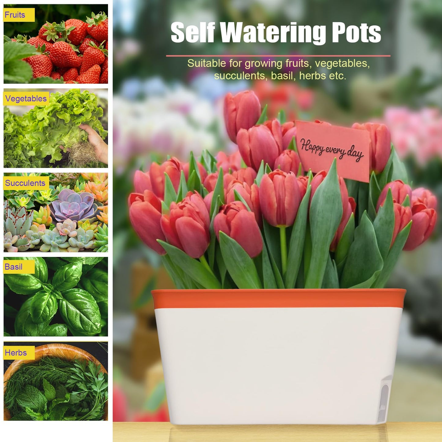 Fayavoo Self Watering Plant Pots, Set of 3 10.5 Inch Rectangular Windowsill Herb Planter Box, Modern Plastic Flower Pots for Indoor Outdoor Garden Office Patio, Planters with Drainage Hole Hidden Tray