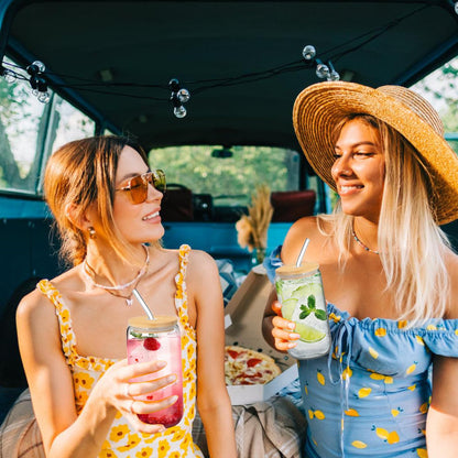 DAMCONME Glass Cups with Lids and Straws 1Pack,Glass Coffee Cups,Glass Cup with Lid for Iced Coffee,Smoothie,Cocktail,Beer,Whiskey,Soda,Matcha,16 Oz Glass Cup with Bamboo Lid,1 Brush