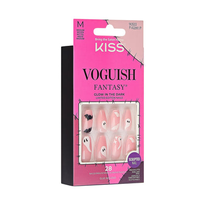 KISS Voguish Fantasy Halloween Nails, Black & White, Medium Length, Coffin Shape, Pink Gel Nail Glue (2g), Mini Nail File, Manicure Stick, & 28 Fake Nails