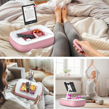 ERGONOV Lap Beanbag Tablet Pillow Stand with Snack Bowl and 360° Rotating Arm, Adjustable iPad Holder for Bed, Couch, and Recliner, Compatible with 4.7"-13" Kindle, iPad, Tablet, Phone,Pink