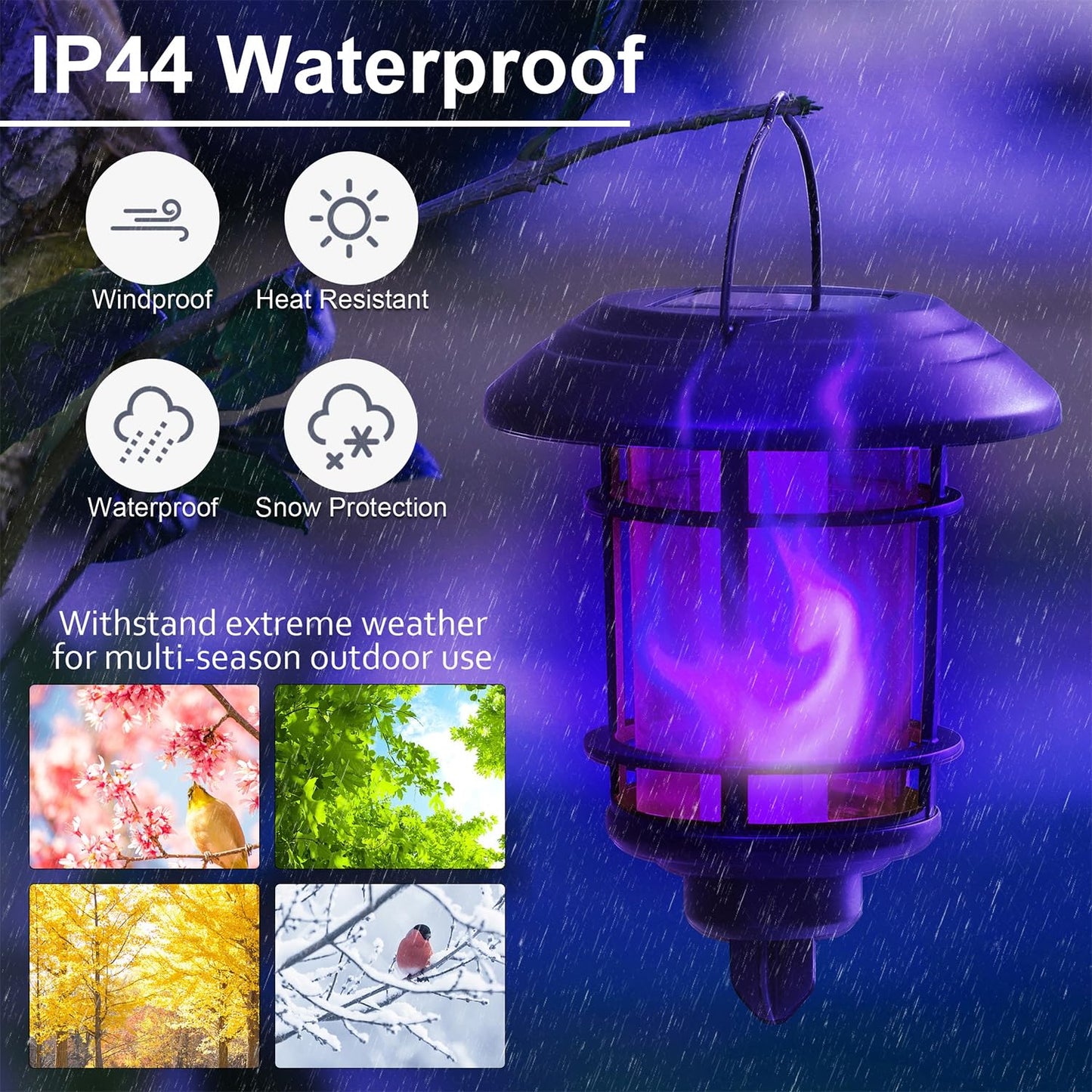 Dynaming Solar Purple Flame Wall Lanterns, Outdoor Halloween Hanging Lights, Flickering Flame LED Auto On/Off Wall Mounted Sconce Lights with Hooks, Waterproof for Garage Stair Patio Porch, 4 Pack