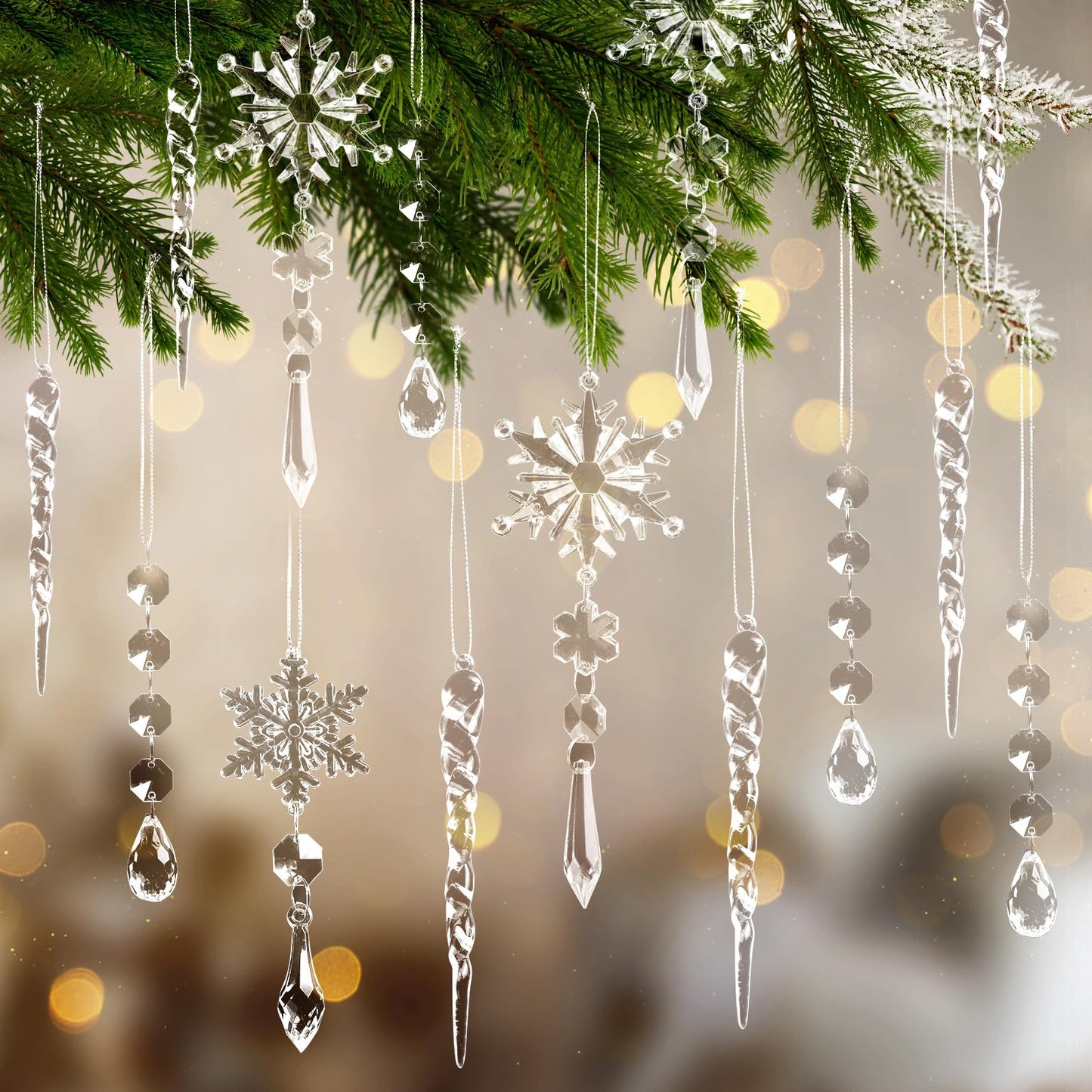 20pcs Christmas Ornaments Set for Tree Decorations- Hanging Acrylic Crystal Snowflake Icicle Drop Decorations for Winter Christmas Tree New Year Party Supplies