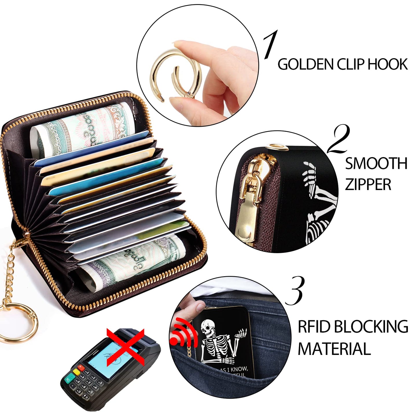 Credit Card Holder RFID Wallet, Funny Skeleton Card Holder Wallet for Women with Keychain Zipper, Small Gothic Leather Print Credit Card Wallets Accordion Gift