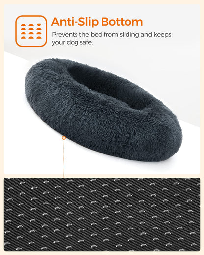 Feandrea Fluffy Dog Bed, Cat Bed, Doughnut Cushion, Washable, Removable Padding in The Centre, Long Plush, 60 cm Diameter, Dark Grey PGW038G02