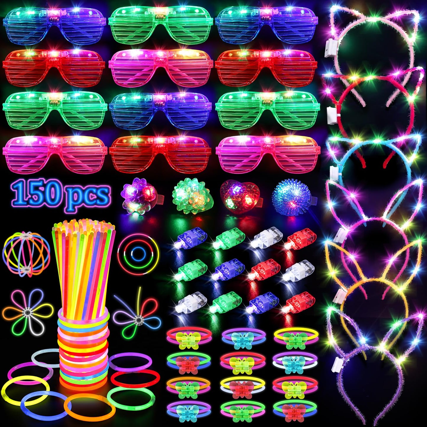 150PCS Glow in the Dark Party Supplies for Kids Adults, Light Up Party Favors with Light Up Glasses, Headband, Rings, 100 Glow Sticks Bulk Party Pack DIY Glow Necklaces Bracelets, Neon Party Supplies