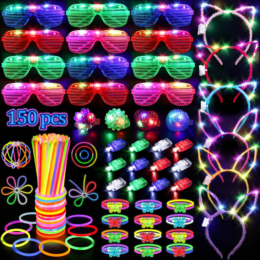 150PCS Glow in the Dark Party Supplies for Kids Adults, Light Up Party Favors with Light Up Glasses, Headband, Rings, 100 Glow Sticks Bulk Party Pack DIY Glow Necklaces Bracelets, Neon Party Supplies