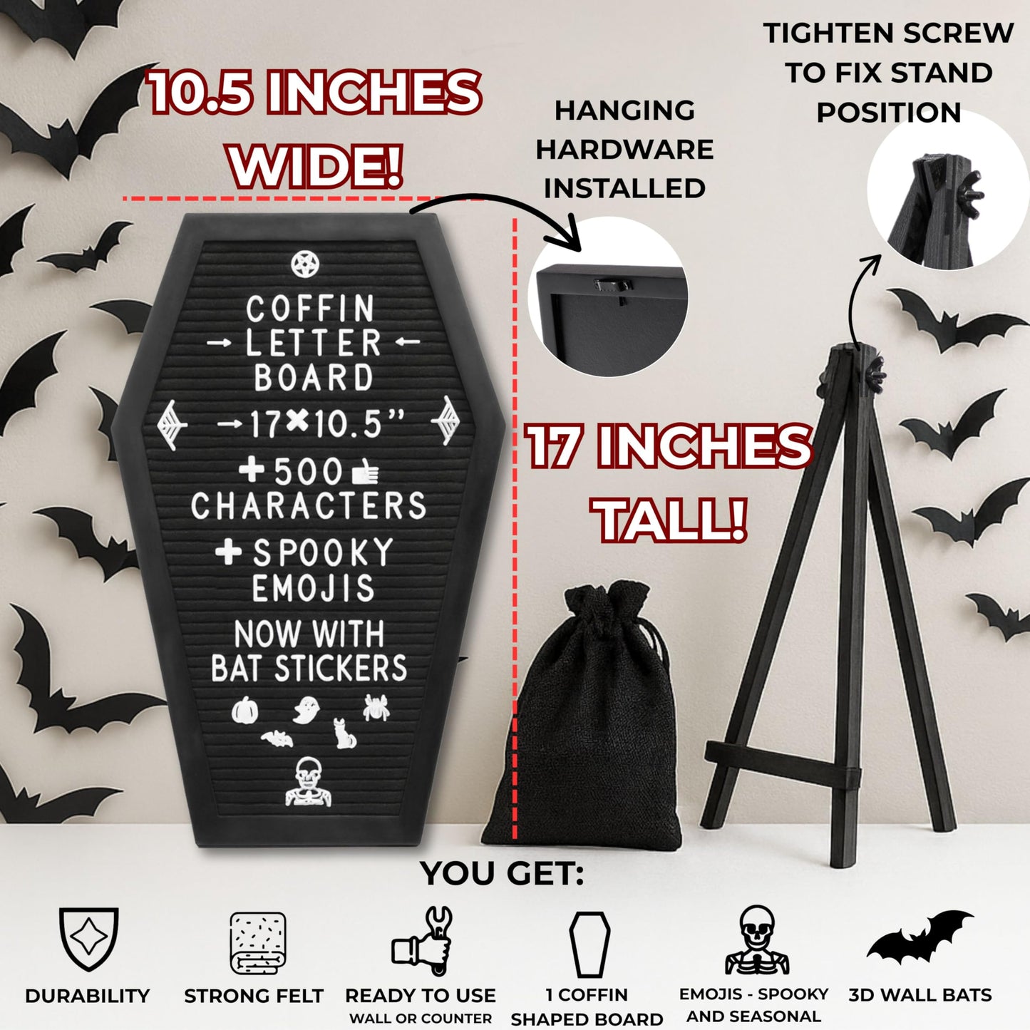 Coffin Letter Board Black +3D Bat Stickers +650 Characters, Spooky & Seasonal Emojis, Wooden Stand - 17x10.5 Inches - Coffin Shaped Goth Decor Sign Witchy Halloween Decorations Gothic Decor Birthday Wedding Home Spooky Gifts